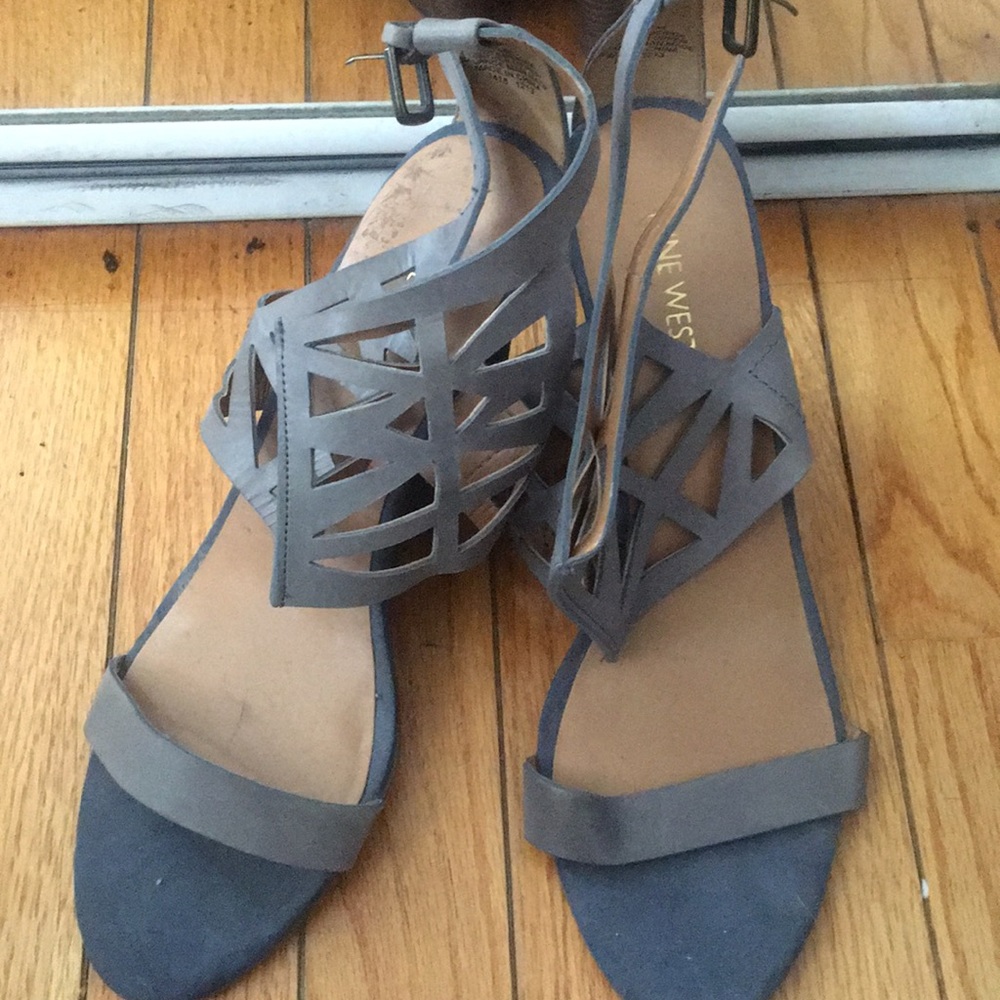 Gray wedges with brown wooden heel